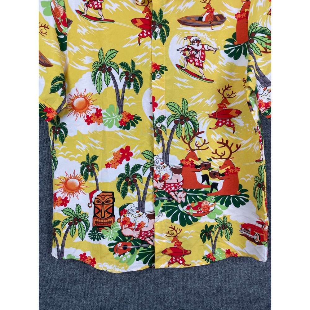 SSLR Christmas Hawaiian Shirt Mens Small Yellow Excellent Surfing Santa Reindeer - Picture 4 of 13
